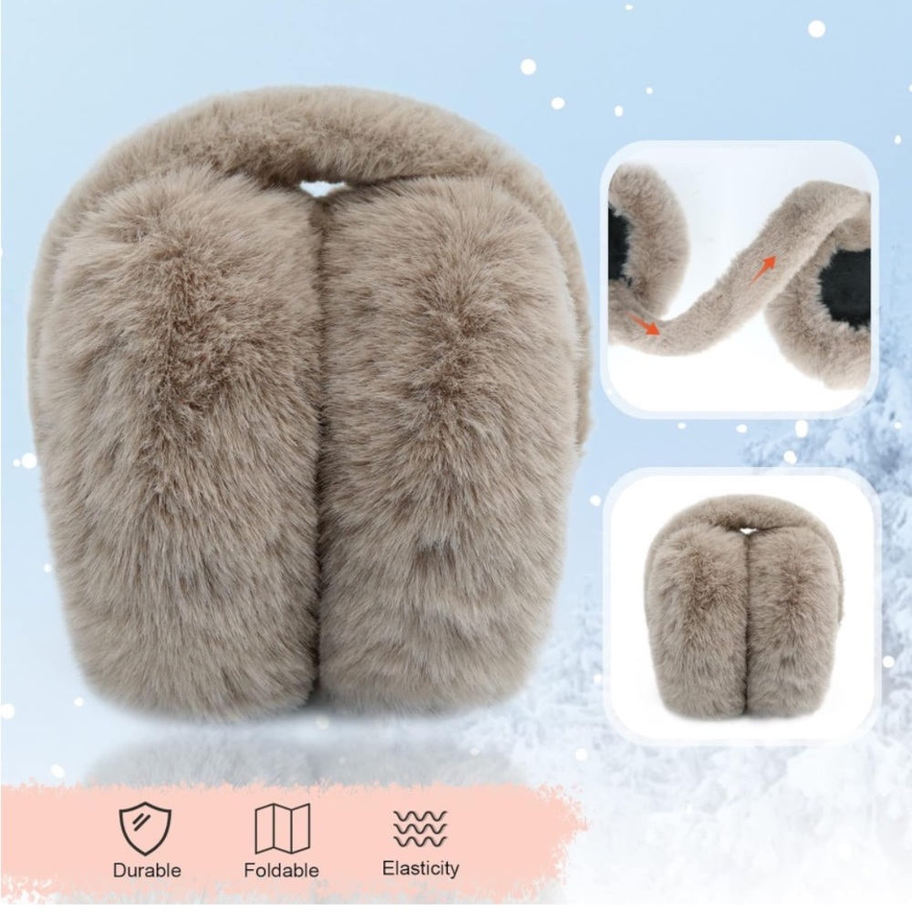 💕 Faux Fur Taupe Foldable Trendy Oversized One Size Earmuffs New - Picture 2 of 10
